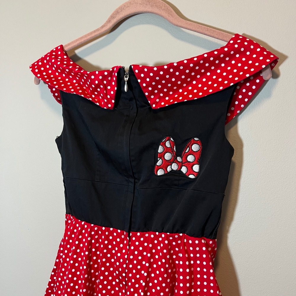 Disney Parks The Dress Shop Minnie Mouse Polka Dot Dress Red Black XS Retro Bow - Picture 10 of 13